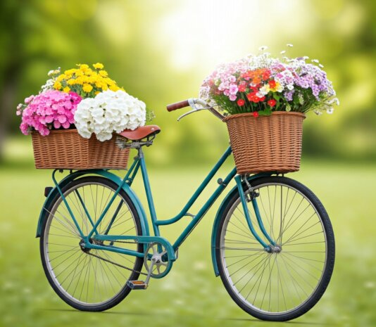 Composizione di Fiori per ornamento Bicicletta da giardino Cesti floreali per arredare bicicletta da giardino